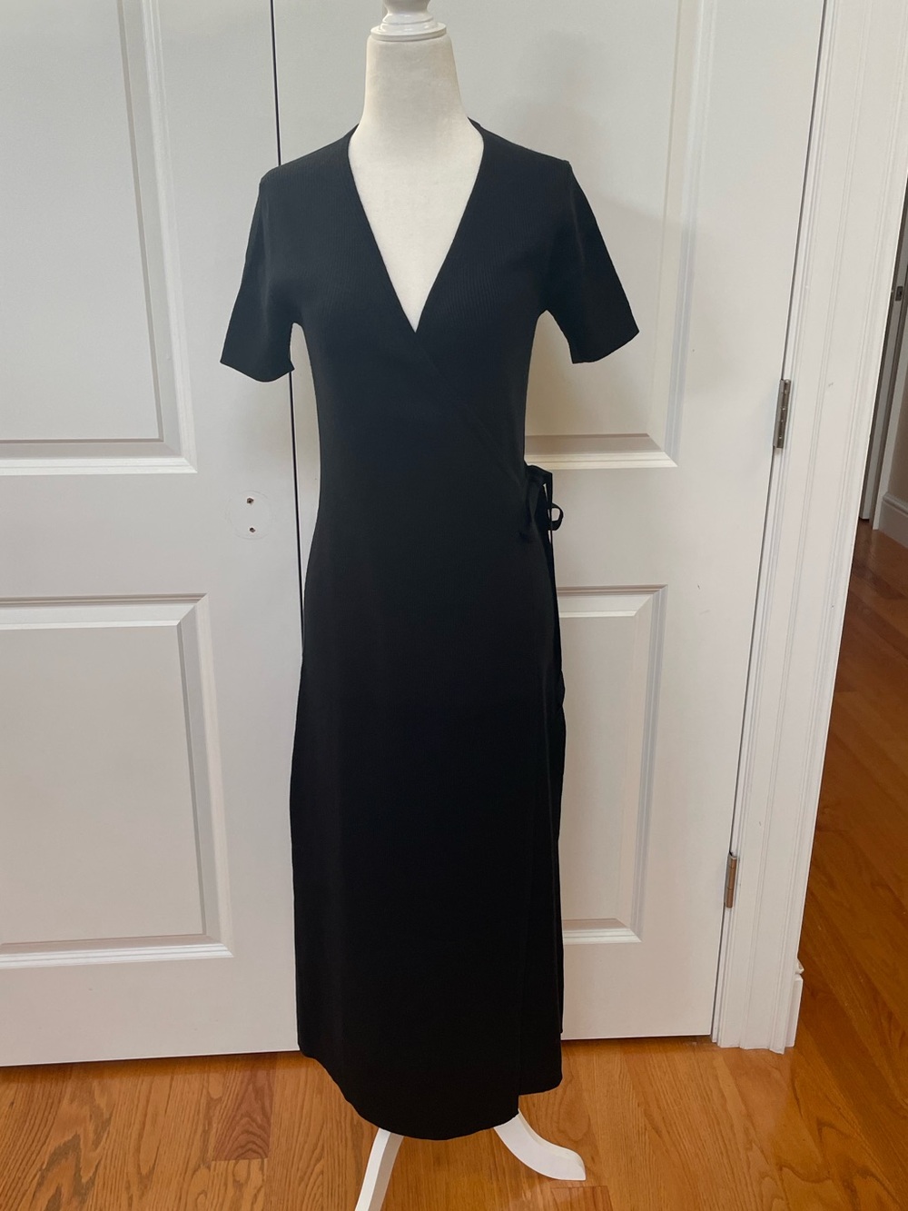 NAKEDCASHMERE Black Cashmere Cotton Ribbed Wrap Midi Dress Size S